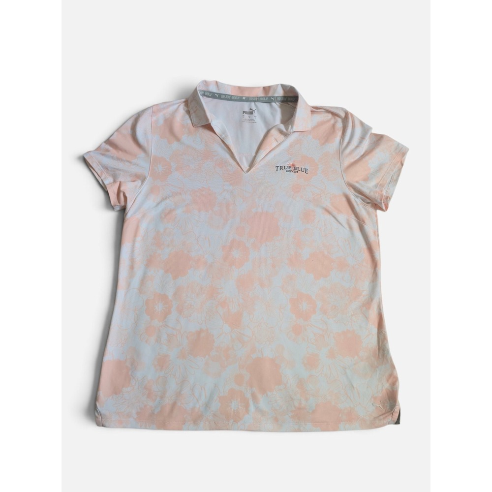 Puma Peach Floral Polo Shirt True Blue Golf Club Cloudspun Bright Rose Top